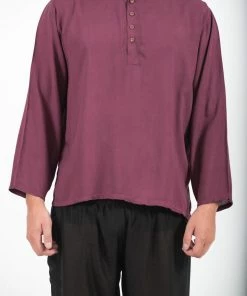 HaremPants.com Men's Mens Yoga Shirts No Collar With Coconut Buttons In Purple