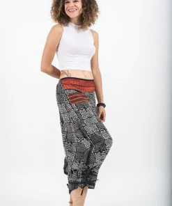 HaremPants.com Maze Prints Thai Hill Tribe Fabric Women's Harem Pants With Ankle Straps In Black