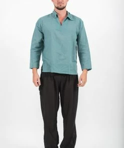 HaremPants.com Mens Yoga Shirts Collar V Neck In Aqua Men's
