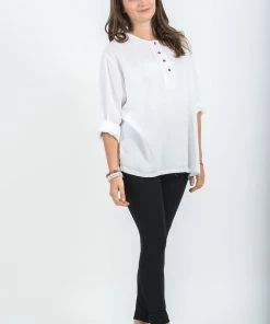 HaremPants.com Womens Yoga Shirts No Collar With Coconut Buttons In White