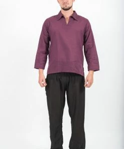 HaremPants.com Mens Yoga Shirts Collar V Neck In Purple Men's