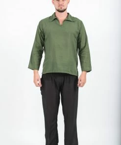 HaremPants.com Mens Yoga Shirts Collar V Neck In Olive