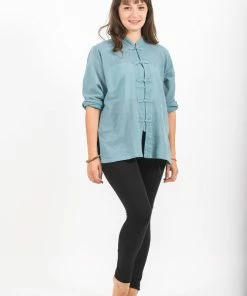 HaremPants.com Womens Yoga Shirts Chinese Collared In Aqua