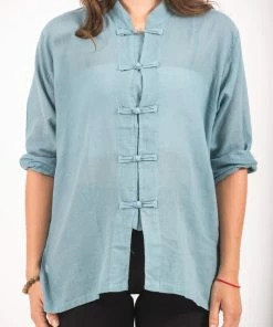 HaremPants.com Womens Yoga Shirts Chinese Collared In Aqua