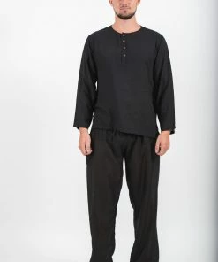 HaremPants.com Mens Yoga Shirts No Collar With Coconut Buttons In Black
