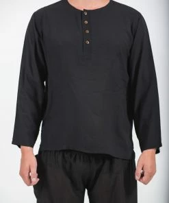 HaremPants.com Mens Yoga Shirts No Collar With Coconut Buttons In Black