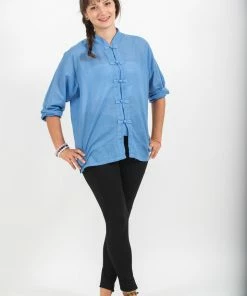 HaremPants.com Womens Yoga Shirts Chinese Collared In Blue