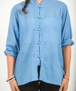 HaremPants.com Womens Yoga Shirts Chinese Collared In Blue