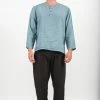 HaremPants.com Mens Yoga Shirts No Collar With Coconut Buttons In Aqua