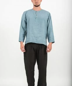 HaremPants.com Mens Yoga Shirts No Collar With Coconut Buttons In Aqua
