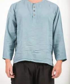 HaremPants.com Mens Yoga Shirts No Collar With Coconut Buttons In Aqua