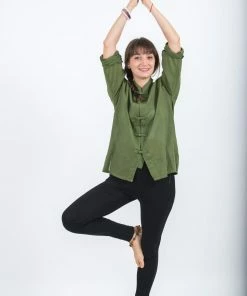 HaremPants.com Womens Yoga Shirts Chinese Collared In Olive