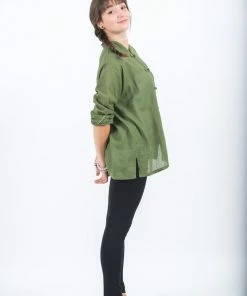HaremPants.com Womens Yoga Shirts Chinese Collared In Olive