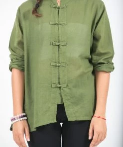 HaremPants.com Womens Yoga Shirts Chinese Collared In Olive