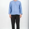 HaremPants.com Mens Yoga Shirts No Collar With Coconut Buttons In Blue