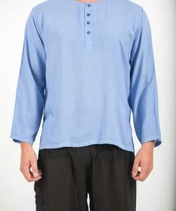HaremPants.com Mens Yoga Shirts No Collar With Coconut Buttons In Blue