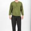HaremPants.com Mens Yoga Shirts No Collar With Coconut Buttons In Olive Men's