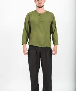 HaremPants.com Mens Yoga Shirts No Collar With Coconut Buttons In Olive Men's