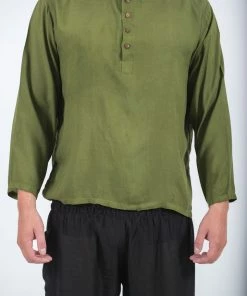 HaremPants.com Mens Yoga Shirts No Collar With Coconut Buttons In Olive Men's