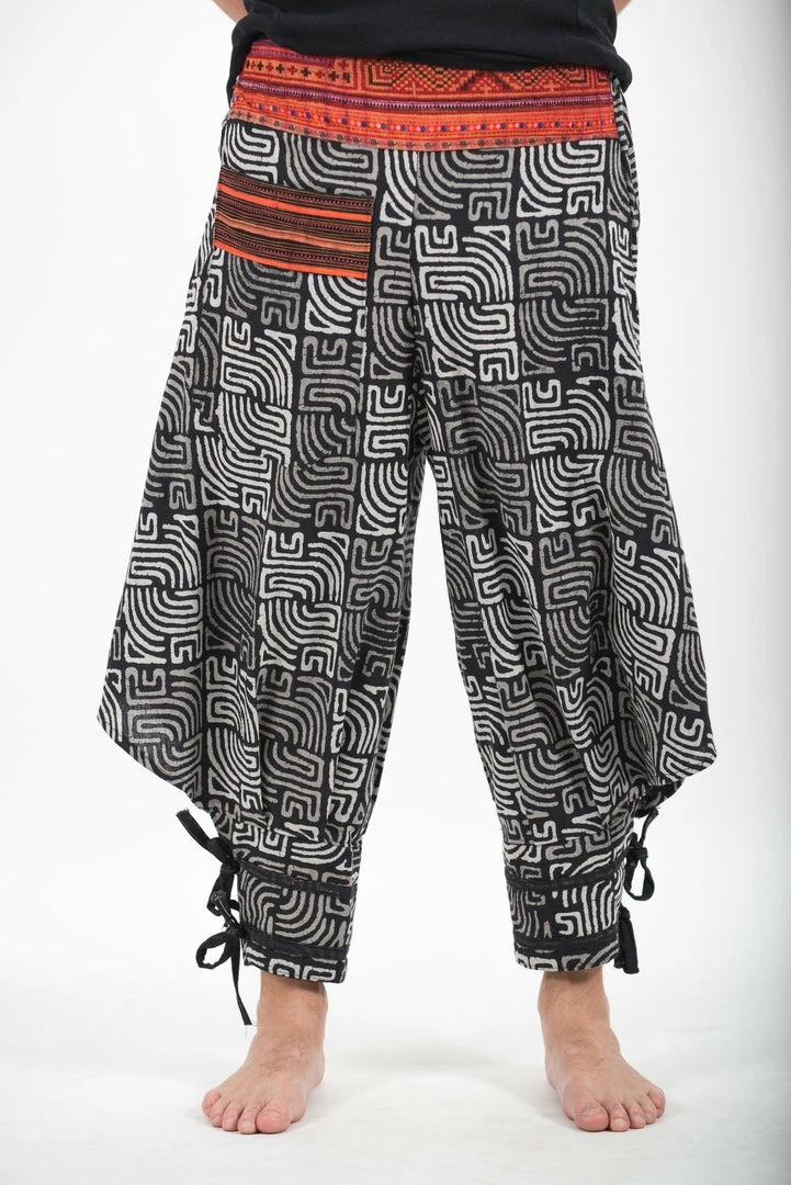 HaremPants.com Maze Prints Thai Hill Tribe Fabric Men's Harem Pants With Ankle Straps In Black 4 HaremPants.com Maze Prints Thai Hill Tribe Fabric Men's Harem Pants With Ankle Straps In Black
