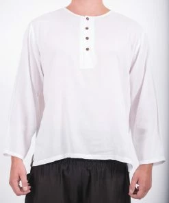 HaremPants.com Mens Yoga Shirts No Collar With Coconut Buttons In White Men's
