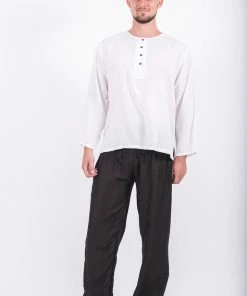 HaremPants.com Mens Yoga Shirts No Collar With Coconut Buttons In White Men's