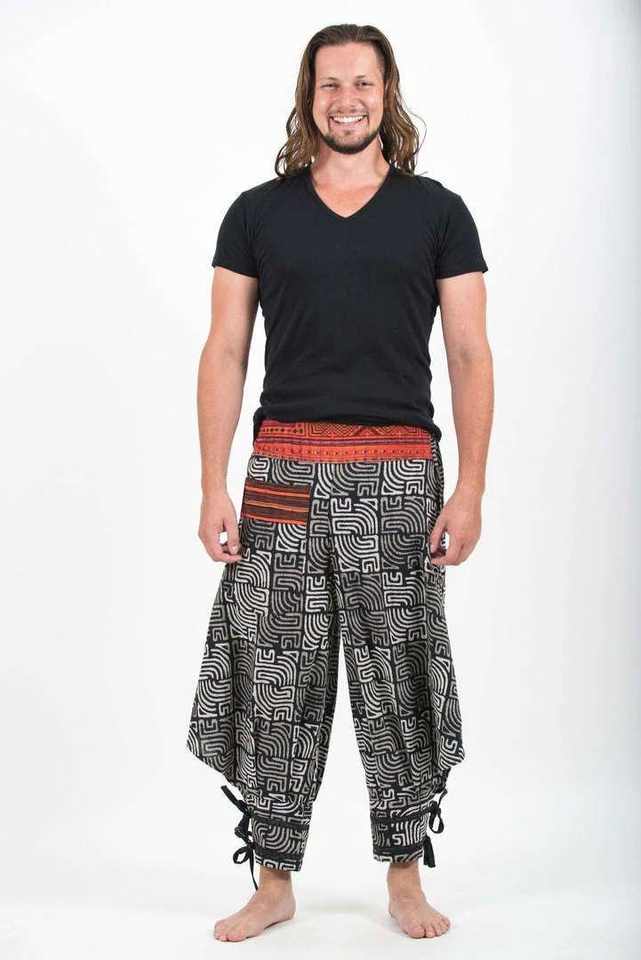 HaremPants.com Maze Prints Thai Hill Tribe Fabric Men's Harem Pants With Ankle Straps In Black 3 HaremPants.com Maze Prints Thai Hill Tribe Fabric Men's Harem Pants With Ankle Straps In Black