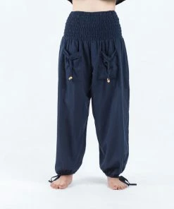 HaremPants.com Women's Thai Smocked Waist Cotton Pants In Solid Navy