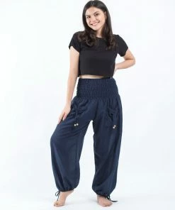 HaremPants.com Women's Thai Smocked Waist Cotton Pants In Solid Navy