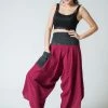 HaremPants.com Women's Thai Button Up Cotton Pants With Hill Tribe Trim Red