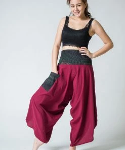 HaremPants.com Women's Thai Button Up Cotton Pants With Hill Tribe Trim Red
