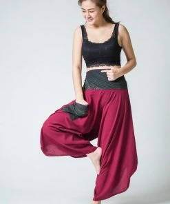 HaremPants.com Women's Thai Button Up Cotton Pants With Hill Tribe Trim Red