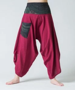 HaremPants.com Women's Thai Button Up Cotton Pants With Hill Tribe Trim Red
