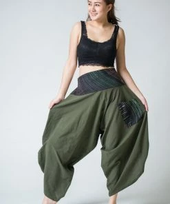 HaremPants.com Women's Thai Button Up Cotton Pants With Hill Tribe Trim Olive