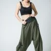 HaremPants.com Women's Thai Button Up Cotton Pants With Hill Tribe Trim Olive