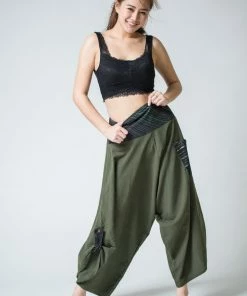 HaremPants.com Women's Thai Button Up Cotton Pants With Hill Tribe Trim Olive