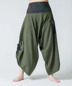 HaremPants.com Women's Thai Button Up Cotton Pants With Hill Tribe Trim Olive