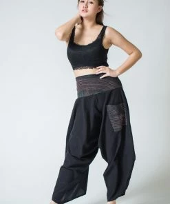 HaremPants.com Women's Thai Button Up Cotton Pants With Hill Tribe Trim Black