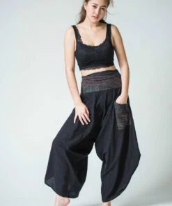 HaremPants.com Women's Thai Button Up Cotton Pants With Hill Tribe Trim Black