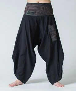 HaremPants.com Women's Thai Button Up Cotton Pants With Hill Tribe Trim Black