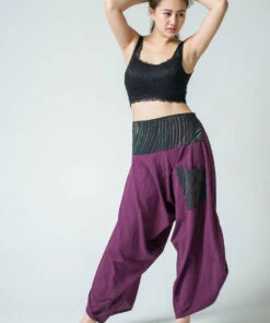 HaremPants.com Women's Thai Button Up Cotton Pants With Hill Tribe Trim Purple