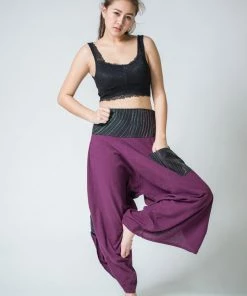 HaremPants.com Women's Thai Button Up Cotton Pants With Hill Tribe Trim Purple