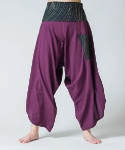 HaremPants.com Women's Thai Button Up Cotton Pants With Hill Tribe Trim Purple