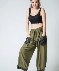 HaremPants.com Thai Cotton Women Drawstring Pants With Hill Tribe Trim Olive