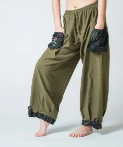 HaremPants.com Thai Cotton Men Drawstring Pants With Hill Tribe Trim Olive