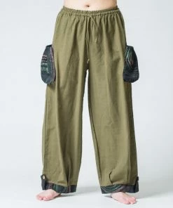 HaremPants.com Thai Cotton Women Drawstring Pants With Hill Tribe Trim Olive