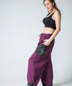 HaremPants.com Women's Thai Cotton Women Drawstring Pants With Hill Tribe Trim Purple
