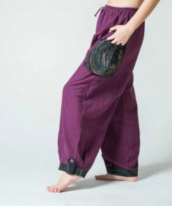 HaremPants.com Thai Cotton Men Drawstring Pants With Hill Tribe Trim Purple Men's
