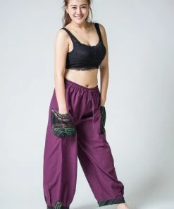 HaremPants.com Women's Thai Cotton Women Drawstring Pants With Hill Tribe Trim Purple