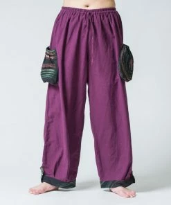 HaremPants.com Women's Thai Cotton Women Drawstring Pants With Hill Tribe Trim Purple